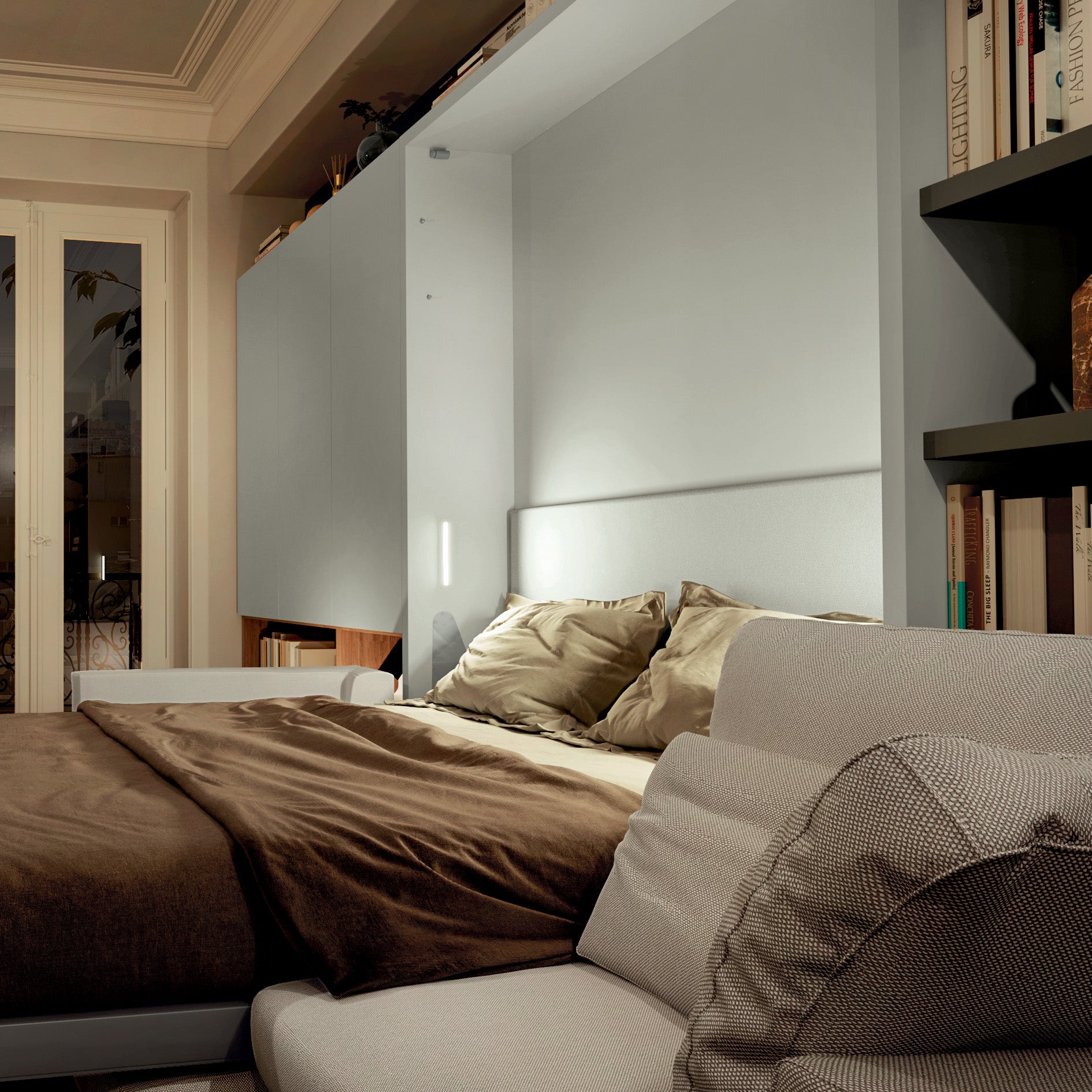 Close-up of the Tonale Sectional wall bed in open position, highlighting upholstered detailing and seamless transition from sofa to bed in a compact luxury setting.