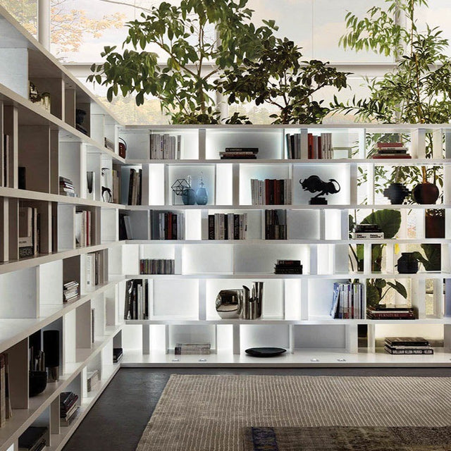 Turati shelving room divider with modern backlit white shelves, styled with books and decor, dividing a bright living space filled with natural light and indoor plants.