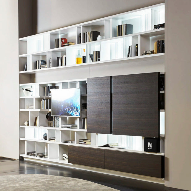 Modern media unit featuring white shelves, dark wooden cabinets, and integrated lighting.