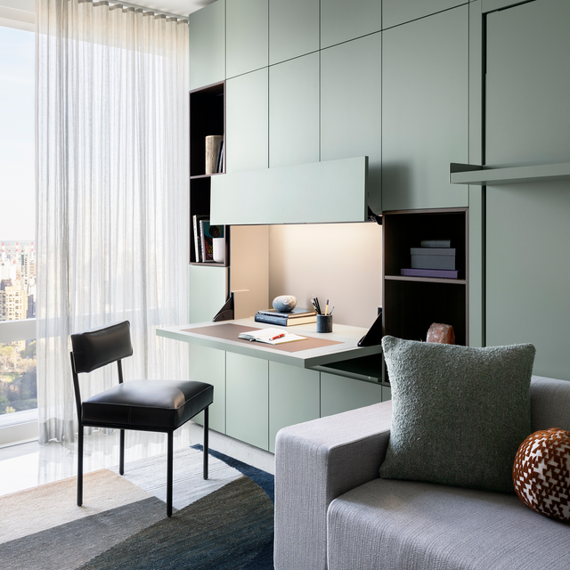 Sage green Flip-Down Desk in a multifunctional NYC home office