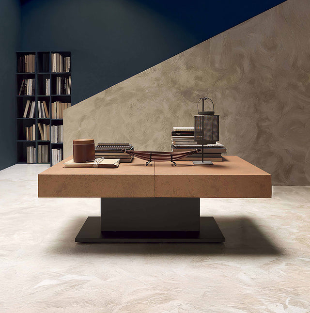 The Ceres table in its compact form, styled with modern decor elements and earthy tones for a contemporary aesthetic.