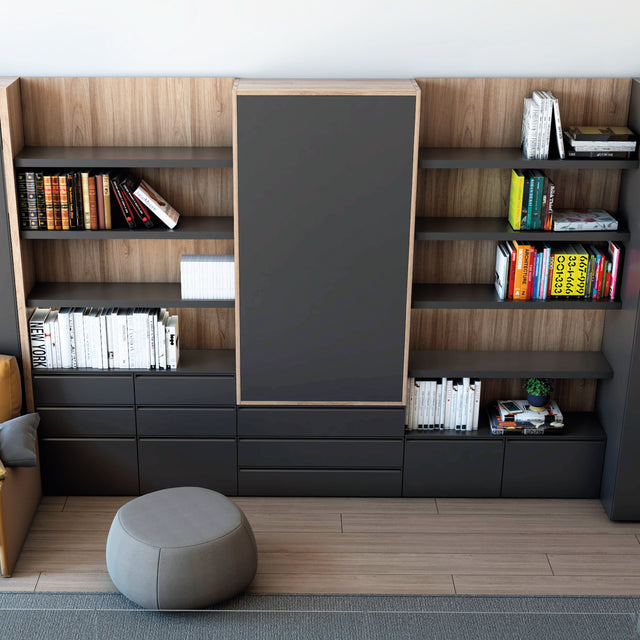 Modular low cabinets with closed compartments and sleek black finish, paired with open shelving for modern storage solutions.