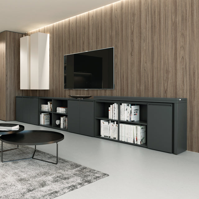 Contemporary low cabinets with open and closed compartments, designed to complement a media setup with wall-mounted TV.