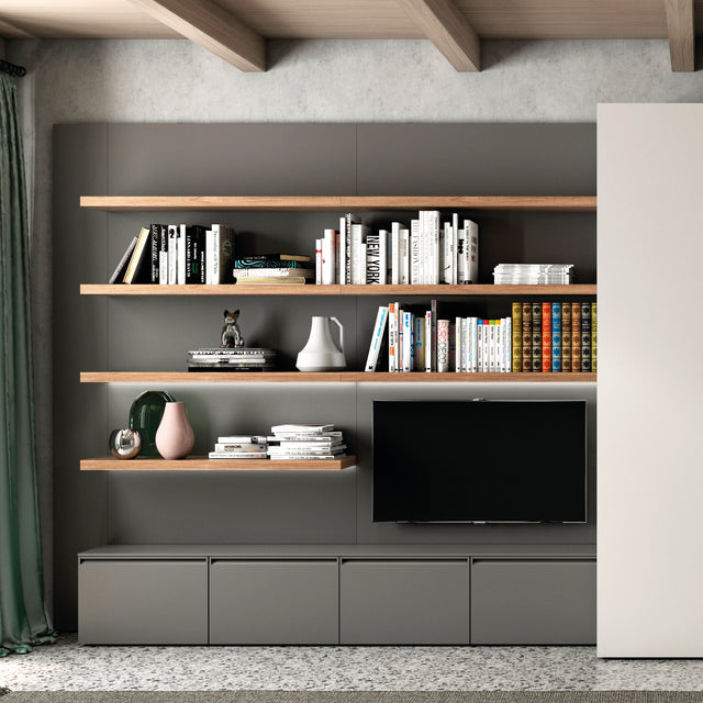 Contemporary modular shelving system with wood accents and closed storage compartments.