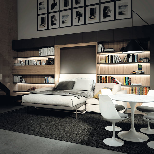 Modular shelving integrated with a wall bed, featuring decorative lighting and storage.