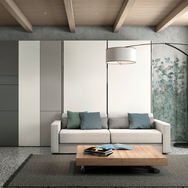 Single and double-door cabinets with a slim profile, paired with a sofa wall bed for a seamless, modern storage solution.