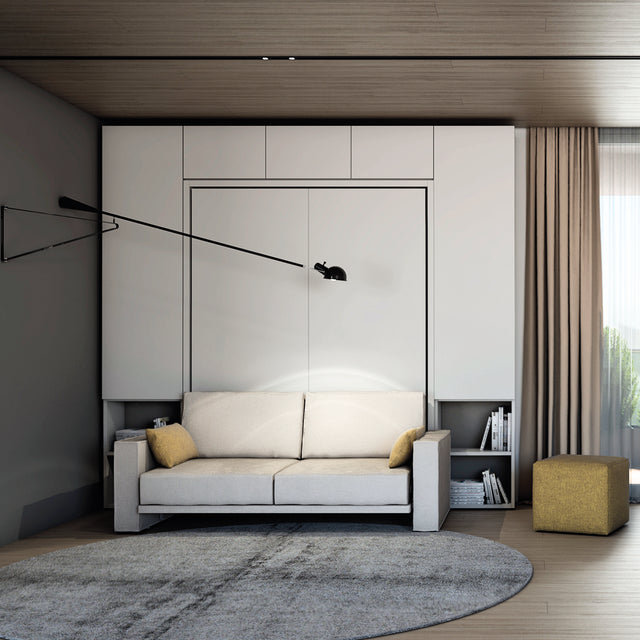 Minimalist single and double-door cabinets paired with a modern sofa wall bed for multifunctional living spaces.