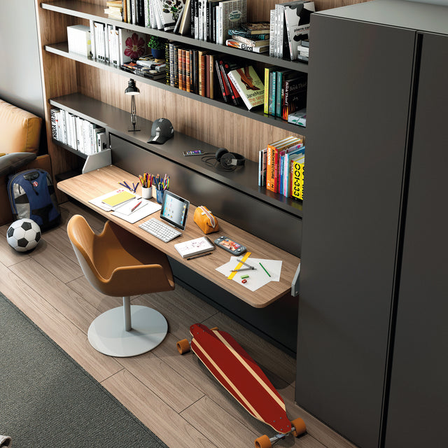 Wood-finish wardrobes paired with a twin wall bed featuring an integrated desk and open modular shelving for multifunctional storage and workspace.