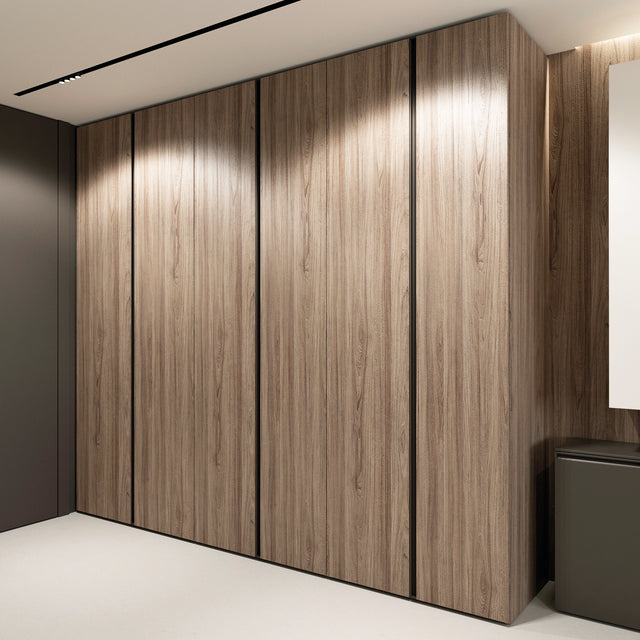 Closed modular wardrobe with sleek wood panel doors, offering sophisticated and seamless storage integration.