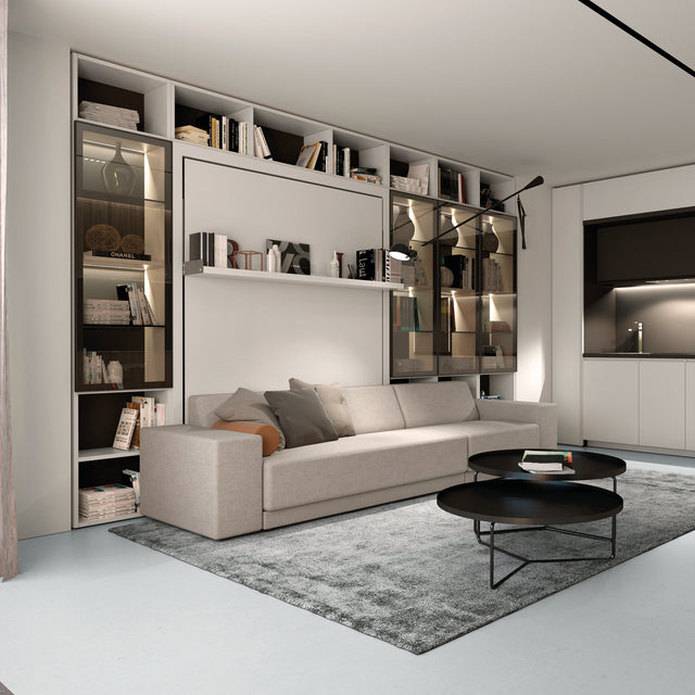 Modern living room featuring a sleek sofa with integrated storage, surrounded by upper cabinets and modular shelving. Glass display shelves illuminate decorative accents and books, creating a functional yet elegant space.