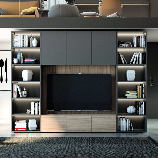 Integrated entertainment center featuring modular drawers, a central television, and shelving with decorative items and books, illuminated by LED lighting.