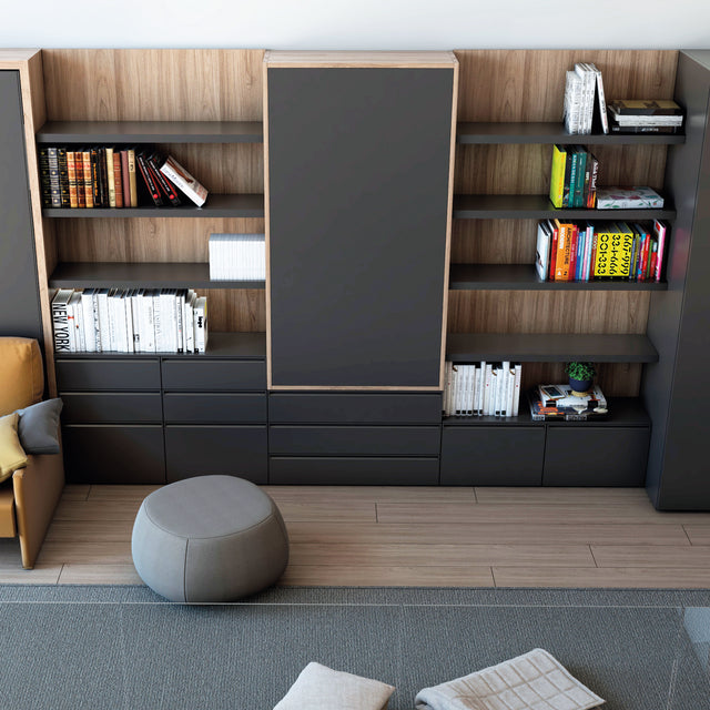 Contemporary modular storage unit with matte black and wood finishes, offering a combination of open shelving and closed drawers.