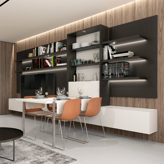 Dining space with modular storage unit featuring open shelves, integrated LED lighting, and a sleek white and black design for multifunctional use.