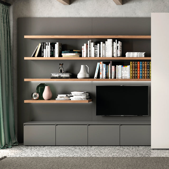 Modular storage system with wood finishes, open shelving, and closed drawers, complemented by soft LED lighting for a contemporary aesthetic.