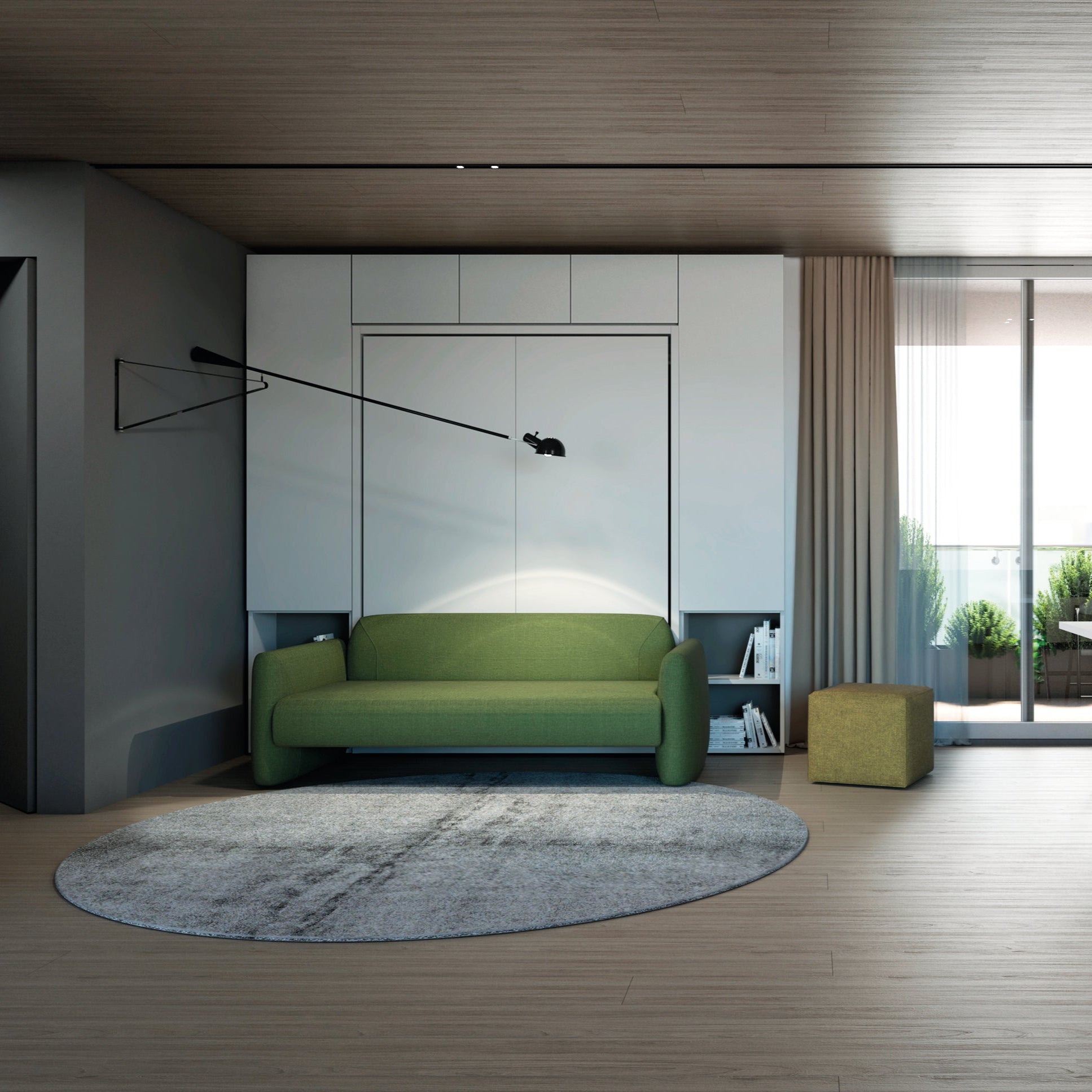 Modern living room featuring the Minerva Vertical Sofa Wall Bed in sofa configuration, with sleek Italian design and a green upholstered sofa.