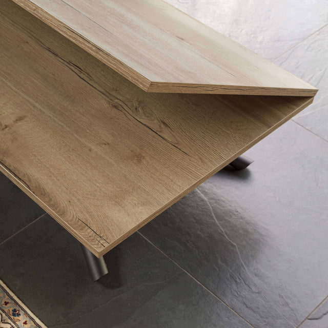 Close-up of the Rotasu table showcasing its high-quality wood surface as it transitions from a compact table to an extended configuration.