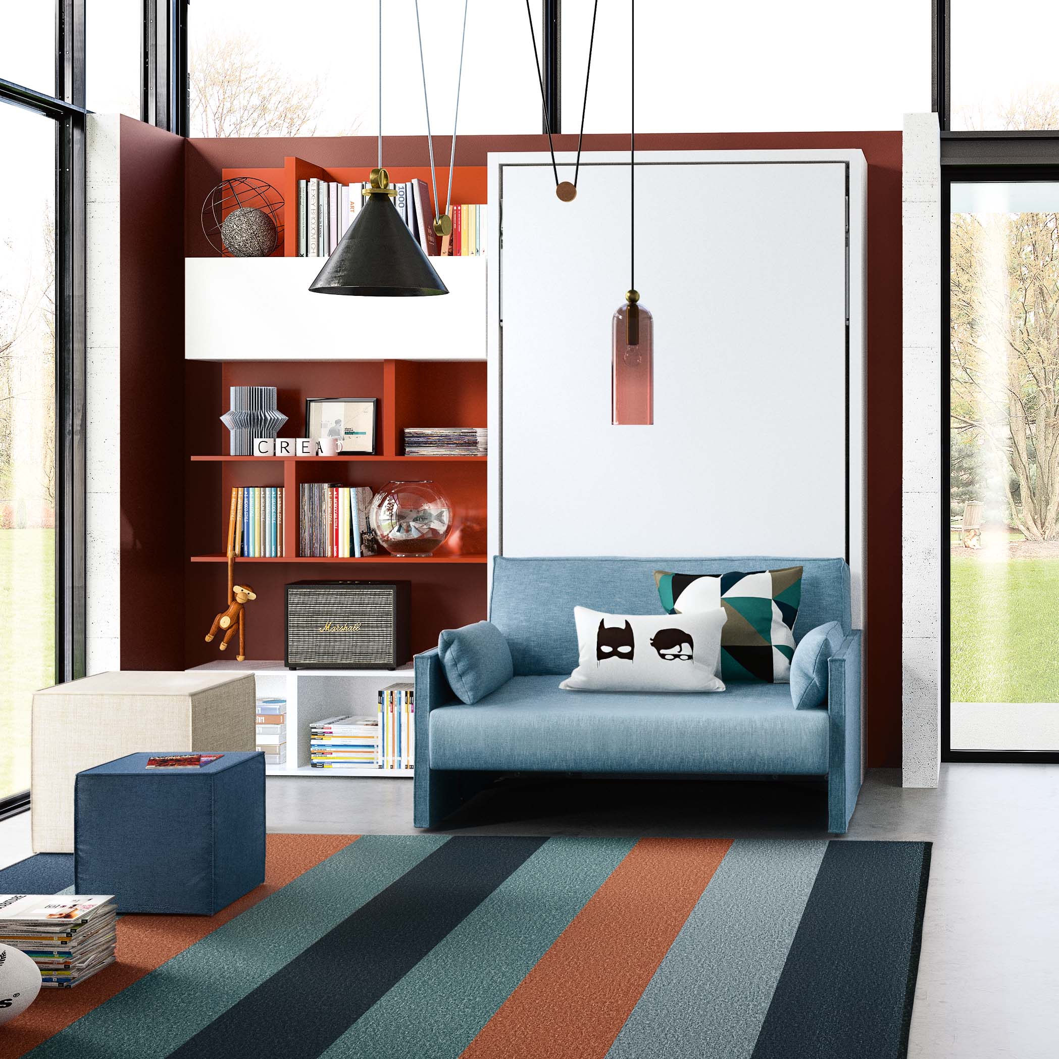 Altea Sofa Murphy bed with couch in upright position, modern space saving furniture for small living rooms.
