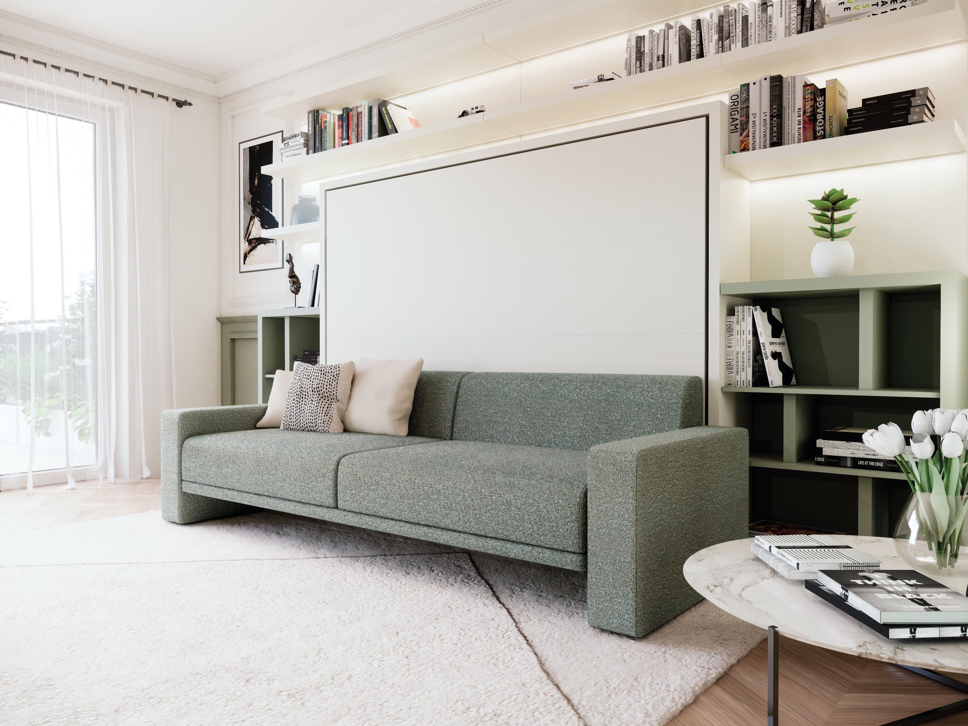 Atena Horizontal Sofa Wall Bed closed as a modern sofa in a styled living room with integrated shelving.