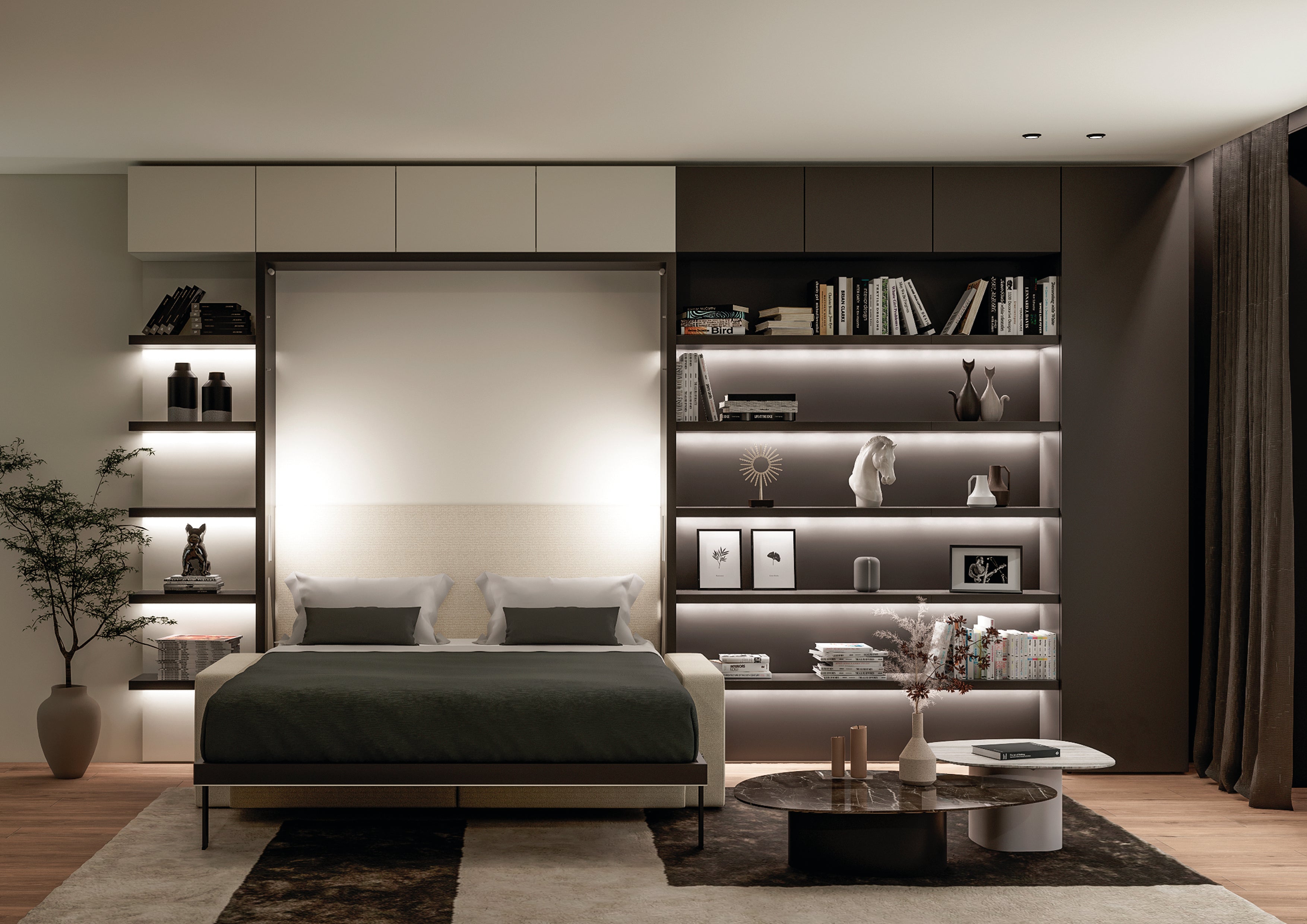Atena Vertical Sofa Wall Bed fully open at night, revealing the bed in a guest-ready modern living room.