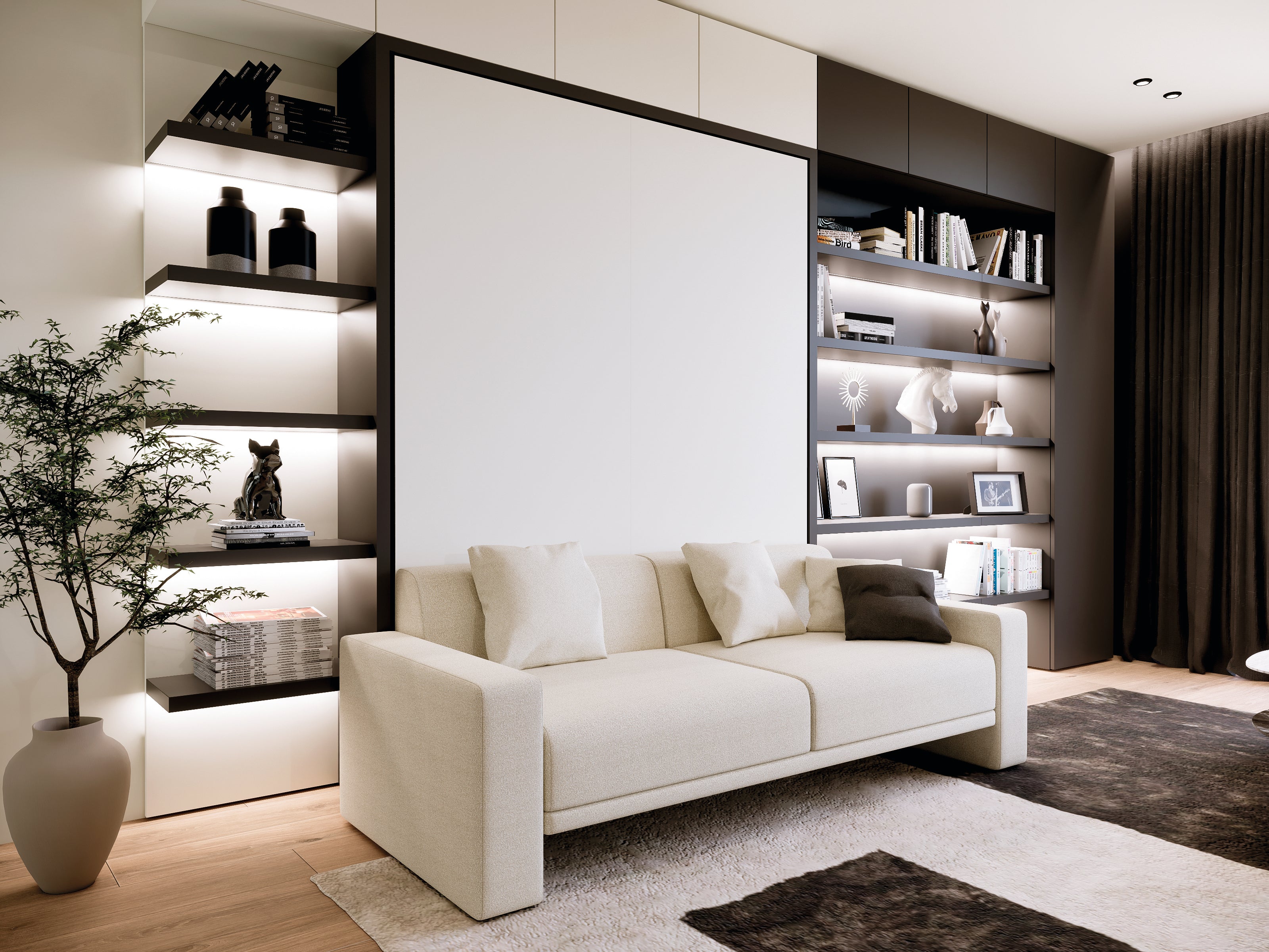 Atena Vertical wall bed with sofa closed in a contemporary living room with integrated shelving.