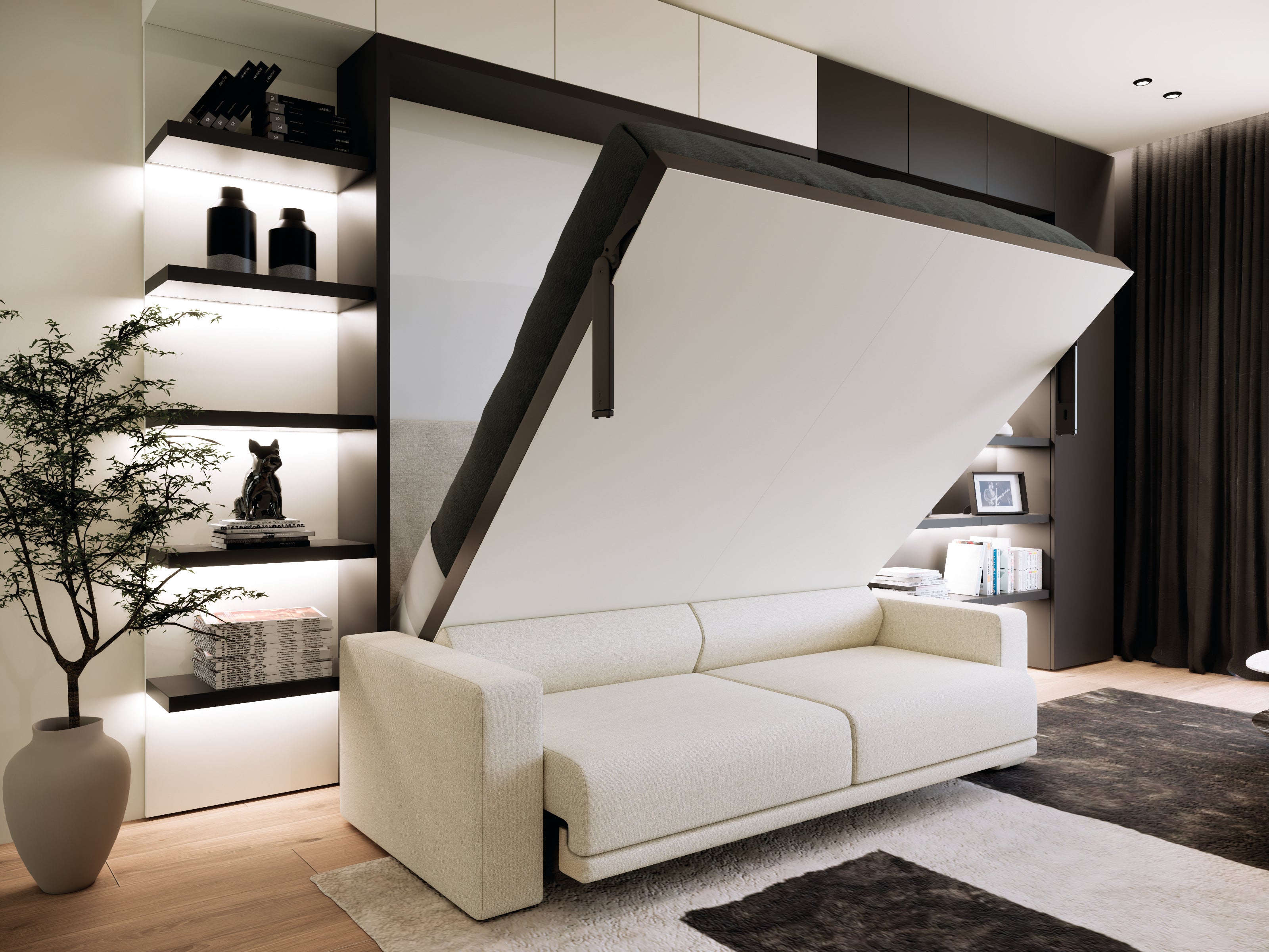 Atena Vertical wall bed with sofa opening from sofa to bed in a multifunctional living space.