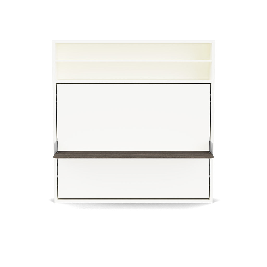Circe Desk horizontal Murphy bed with desk in closed position, featuring white finish and built-in shelving for multifunctional furniture in tight spaces.