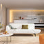 Front view of Como Sofa in cream fabric with sculpted seat detail and round ottoman