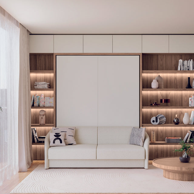 Front view of the Diana Sofa Wall Bed closed, showing a modern wall bed with sofa and built-in shelving.