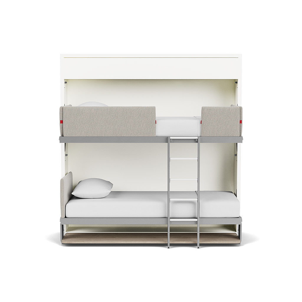 Front view of the Kali Duo Desk Murphy bunk beds with light gray upholstery, shown against a white background — space saving furniture for modern interiors.