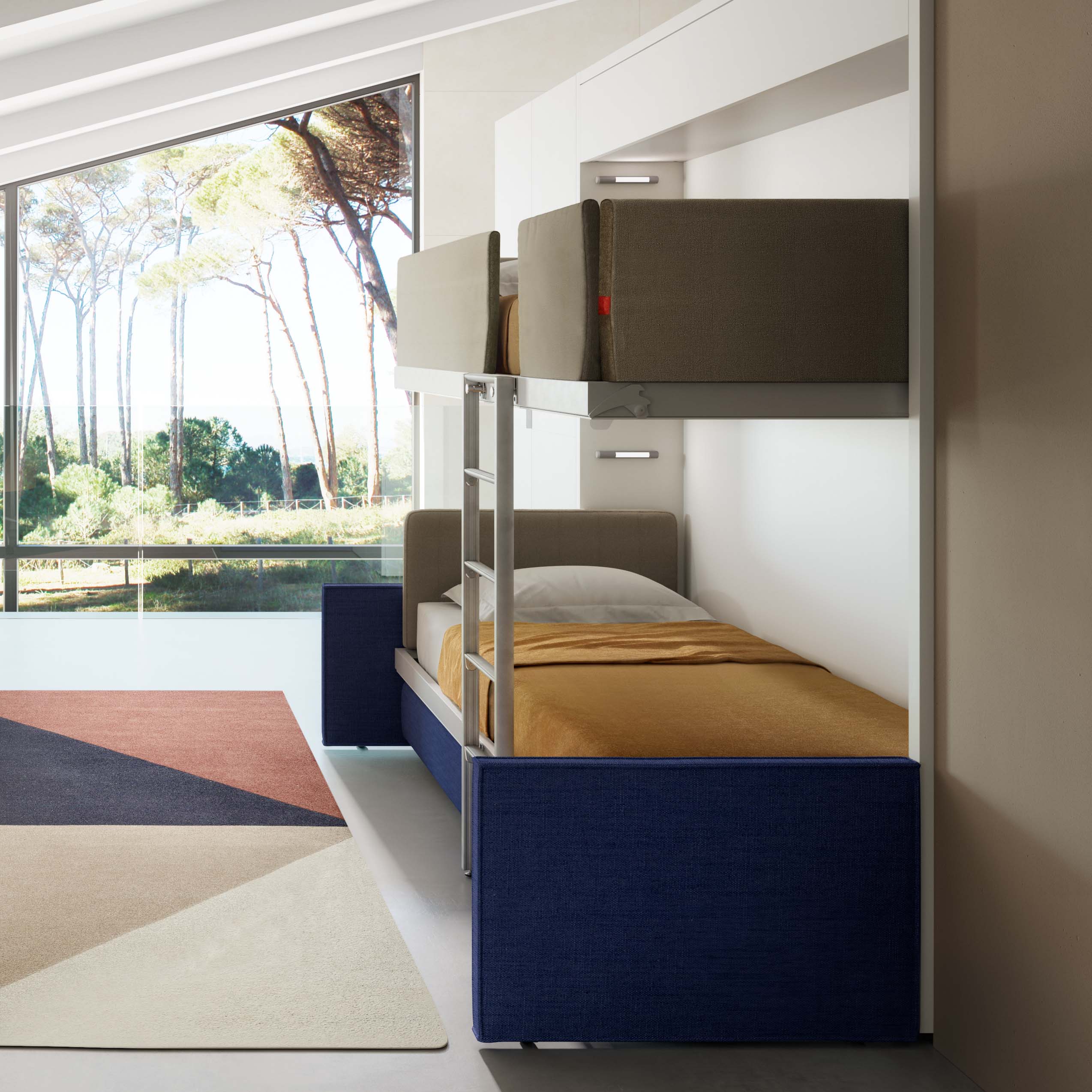 Kali Duo Murphy bunk beds open with integrated sofa, showing upper and lower twin XL beds and built-in ladder – perfect for multifunctional and space saving furniture.