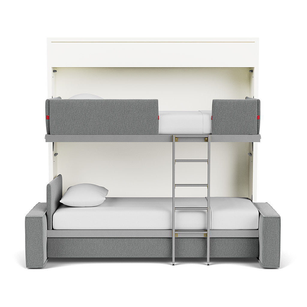 Fully open Kali Duo Murphy bunk beds with sofa, showcasing two twin XL sleeping spaces in a space saving furniture design