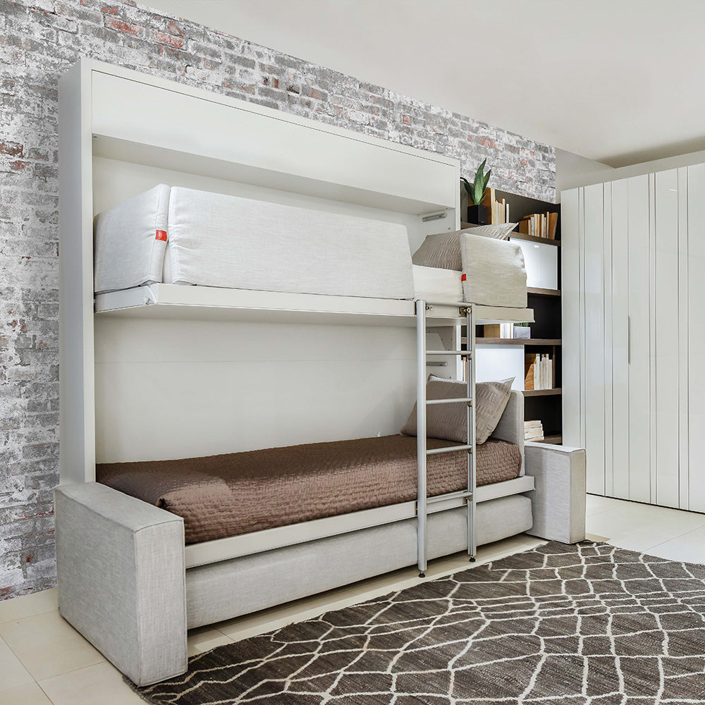 Kali Duo Murphy bunk beds fully extended, showing upper and lower sleeping surfaces above integrated sofa for compact living.