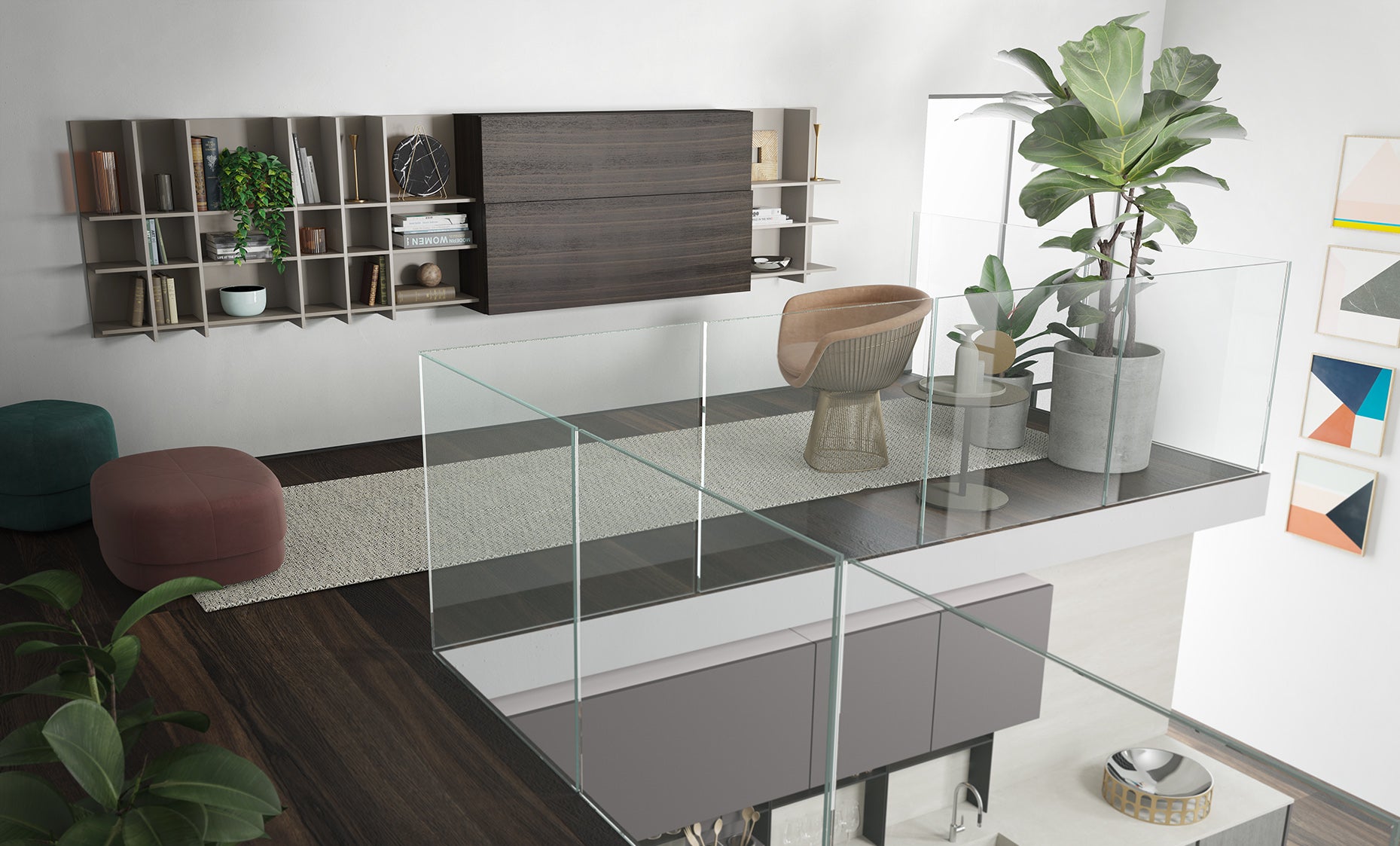 Closed Maxi Desk wall unit with open shelving in modern loft.