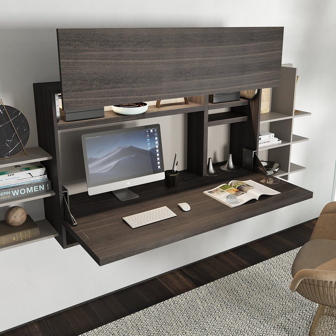 Dark wood Maxi Desk with built-in workspace and shelving in modern home office