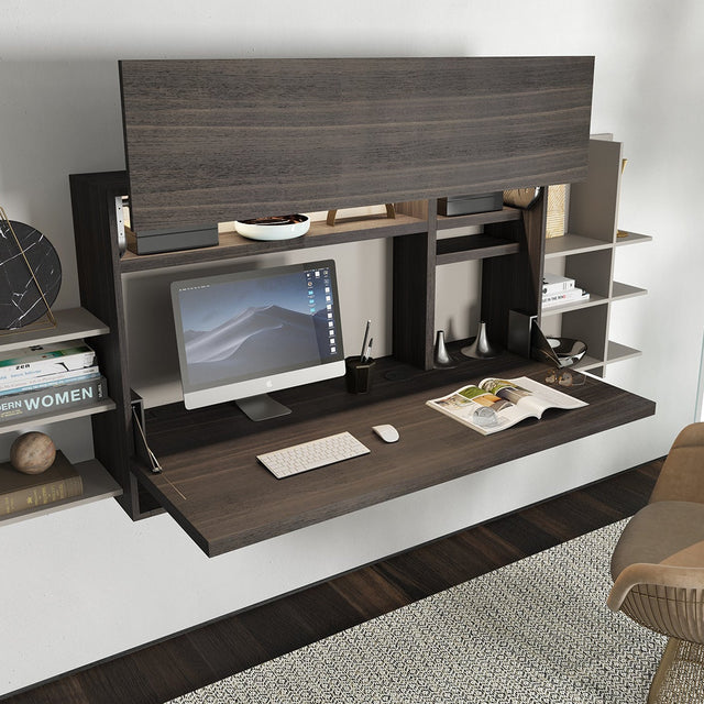 Dark wood Maxi Desk with built-in workspace and shelving in modern home office