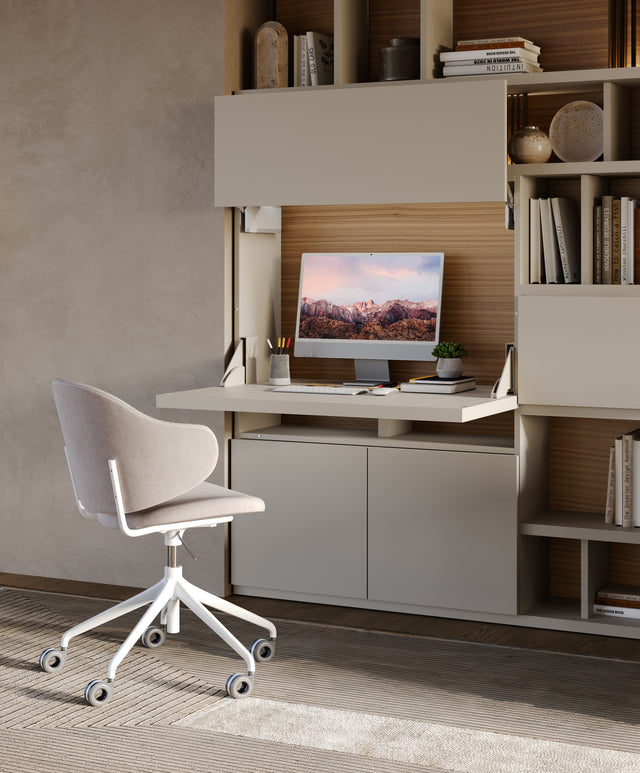 Light-tone Maxi Desk with flip-down surface and integrated shelving by Resource Furniture