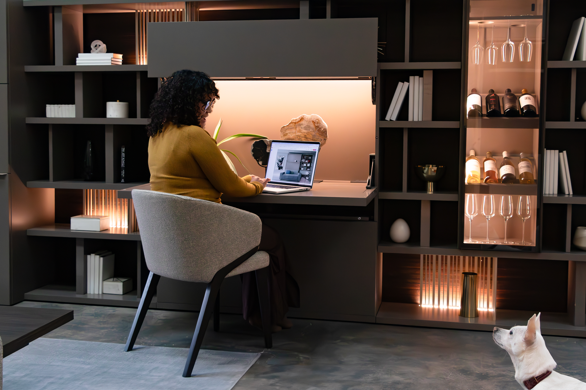 Maxi Desk workspace with shelving and wine display at Resource Furniture Los Angeles showroom.