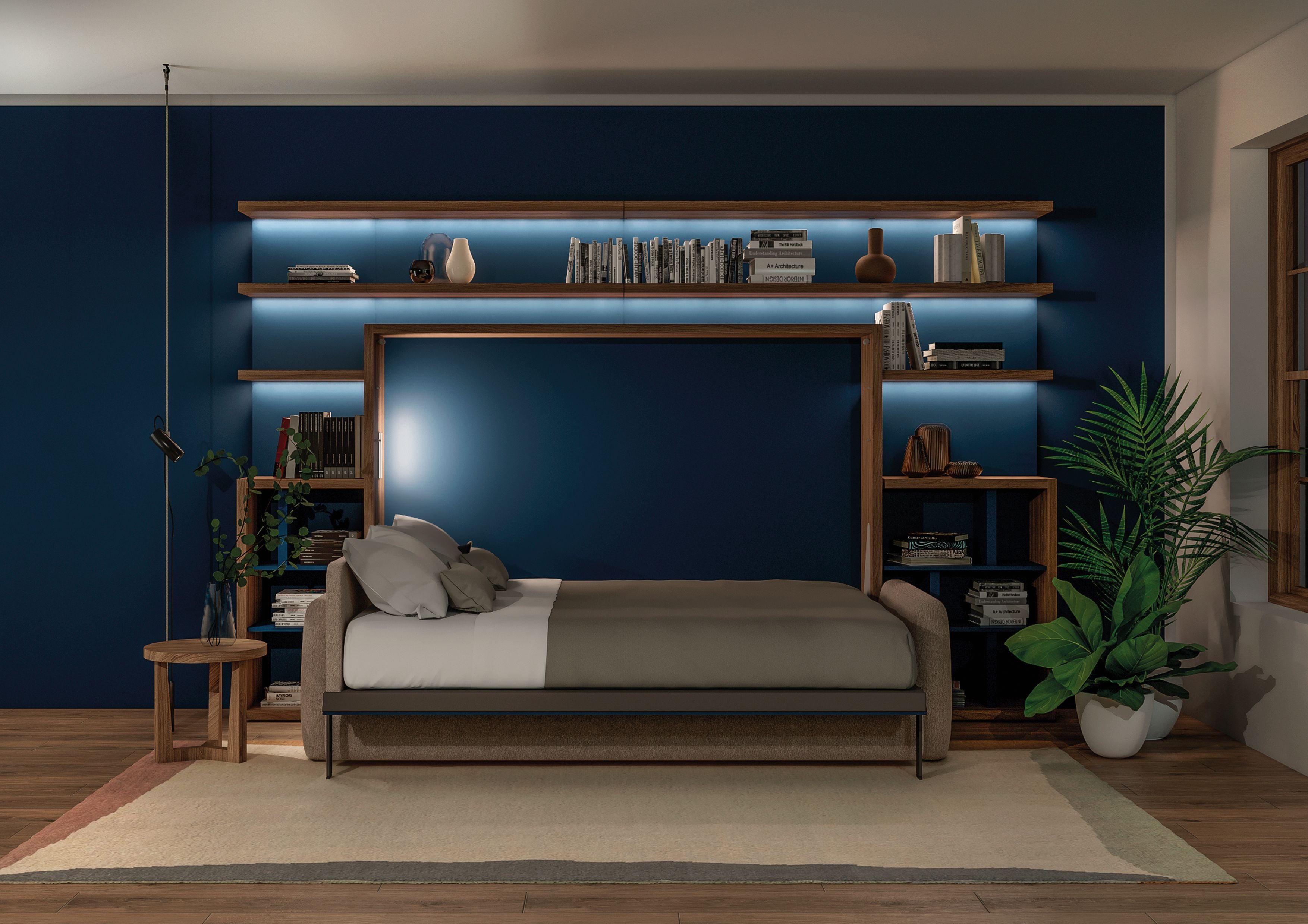 Resource Furniture Minerva horizontal Murphy bed (open) with integrated beige sofa, walnut shelving and navy wall paneling — multifunctional, space-saving furniture for small rooms.