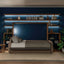 Resource Furniture Minerva horizontal Murphy bed (open) with integrated beige sofa, walnut shelving and navy wall paneling — multifunctional, space-saving furniture for small rooms.