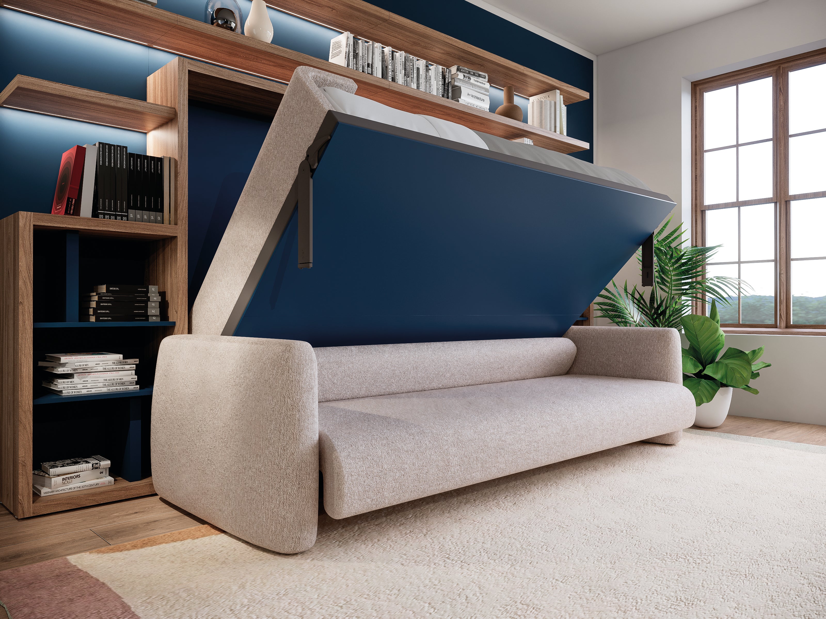 Resource Furniture Minerva horizontal Murphy bed (open) above an integrated beige sofa with walnut shelving and navy wall panel — multifunctional, space-saving furniture for small rooms.