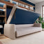 Resource Furniture Minerva horizontal Murphy bed (open) above an integrated beige sofa with walnut shelving and navy wall panel — multifunctional, space-saving furniture for small rooms.