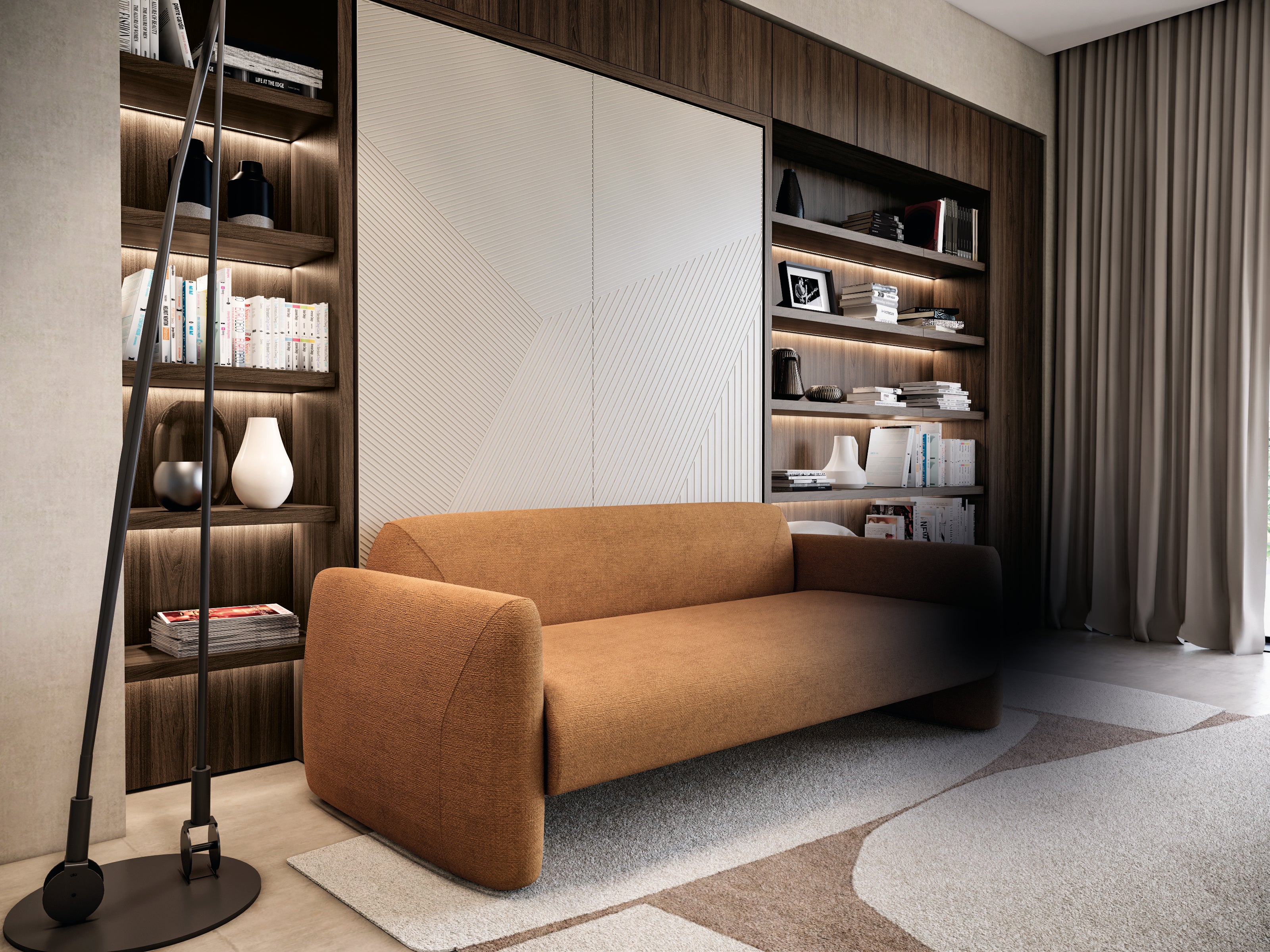 Resource Furniture Minerva vertical Murphy bed (closed) with integrated orange sofa, walnut shelving and warm built-in lighting — multifunctional, space-saving wall bed for small rooms.