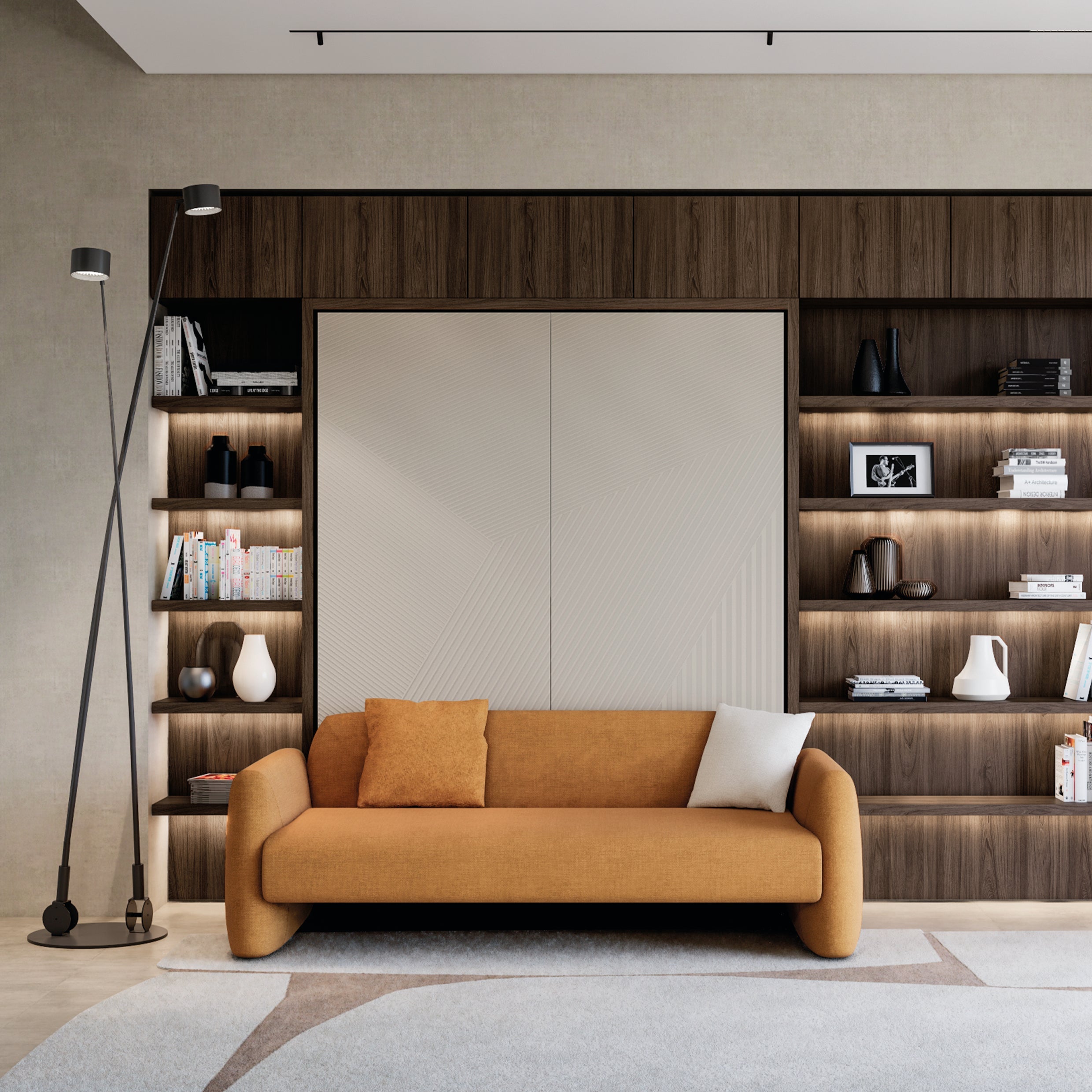 Resource Furniture Minerva vertical Murphy bed (closed) with integrated orange sofa, walnut shelving and warm built-in lighting — multifunctional, space-saving furniture for small rooms.