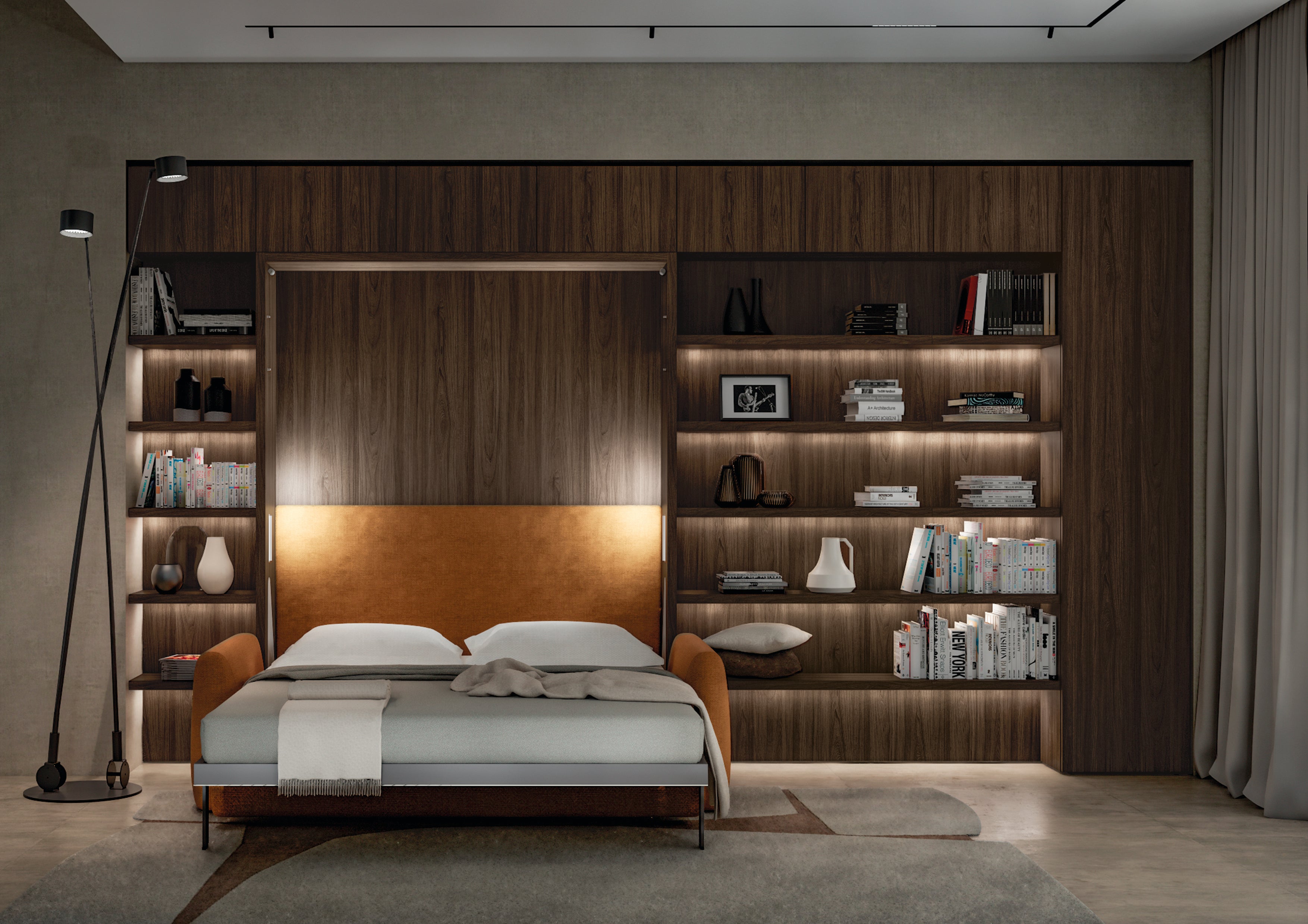Resource Furniture Minerva vertical Murphy bed open with the sofa converted to a bed, walnut shelving, warm built-in lighting and orange upholstery — multifunctional, space-saving wall bed for small rooms.