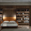 Resource Furniture Minerva vertical Murphy bed open with the sofa converted to a bed, walnut shelving, warm built-in lighting and orange upholstery — multifunctional, space-saving wall bed for small rooms.