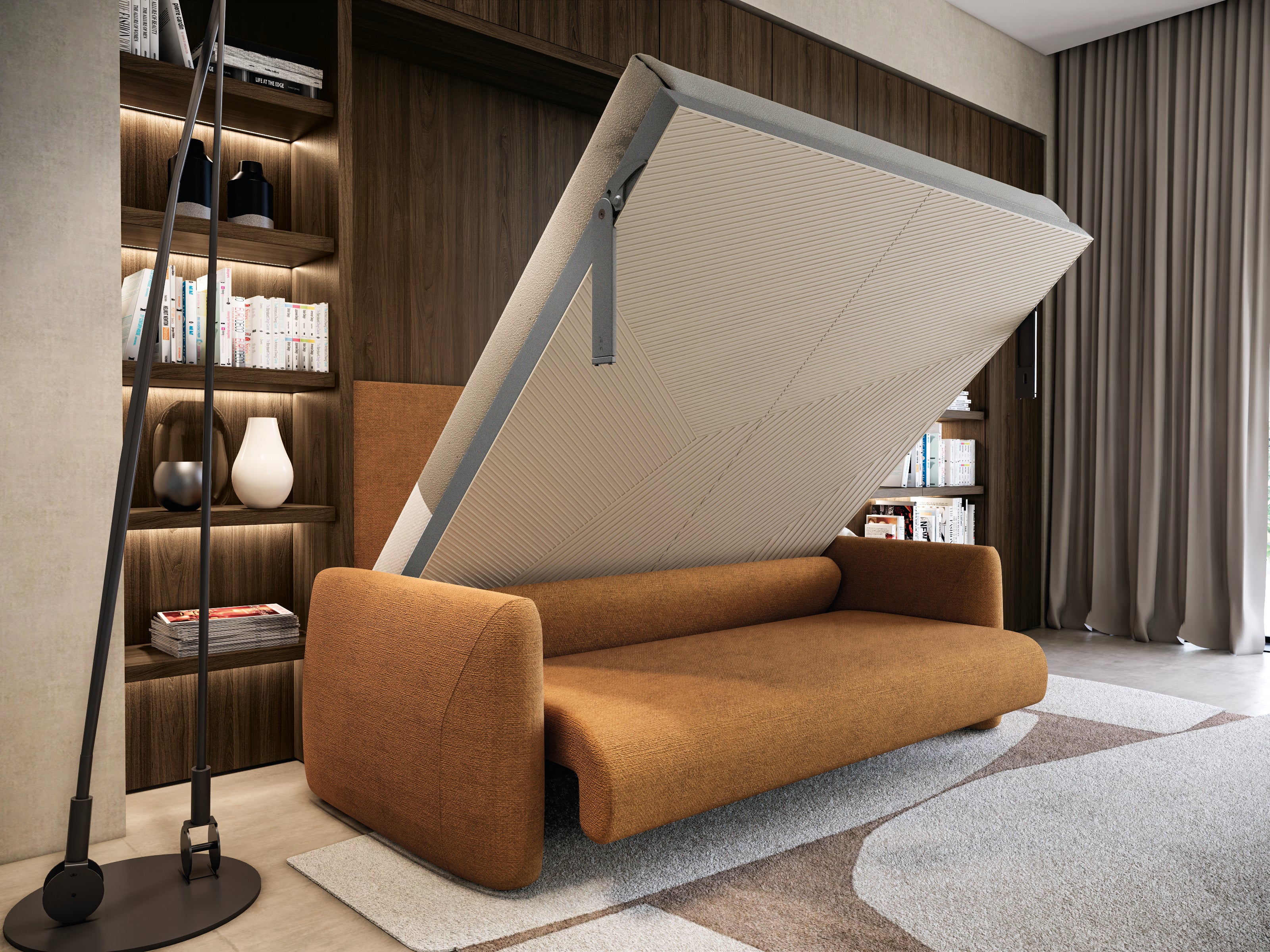 Resource Furniture Minerva vertical Murphy bed opening above integrated orange sofa, walnut shelving and warm built-in lighting — multifunctional, space-saving wall bed for small rooms.