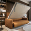 Resource Furniture Minerva vertical Murphy bed opening above integrated orange sofa, walnut shelving and warm built-in lighting — multifunctional, space-saving wall bed for small rooms.