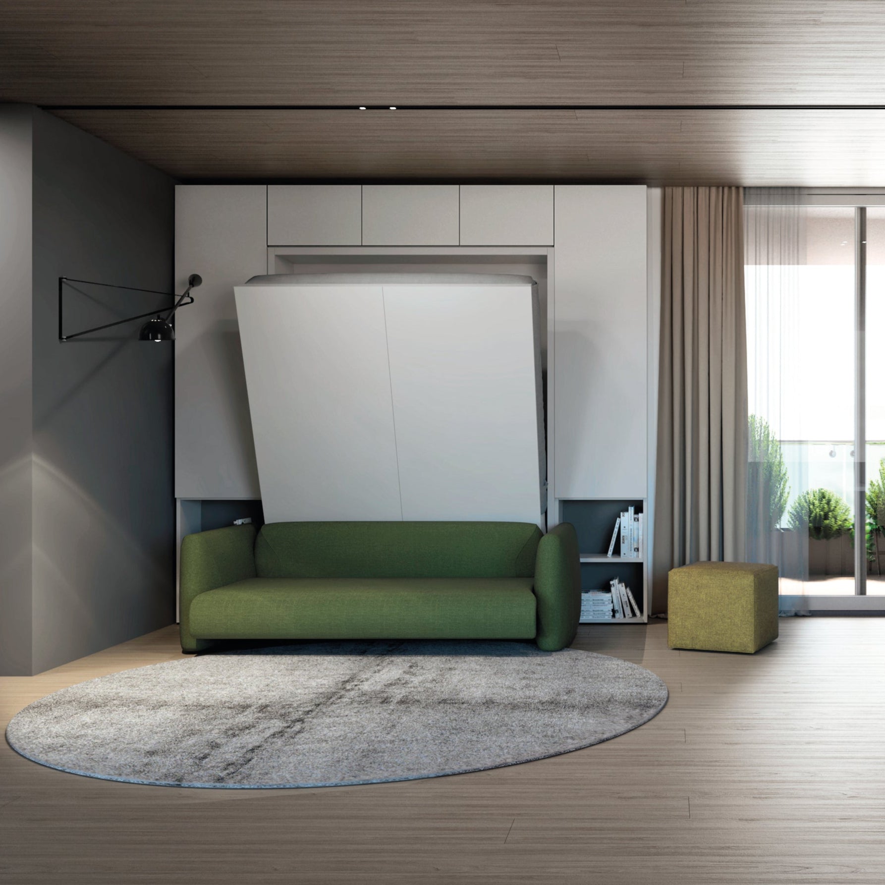 Minerva Vertical Sofa Wall Bed transitioning from a stylish green sofa to a queen-sized bed in a multifunctional living space.