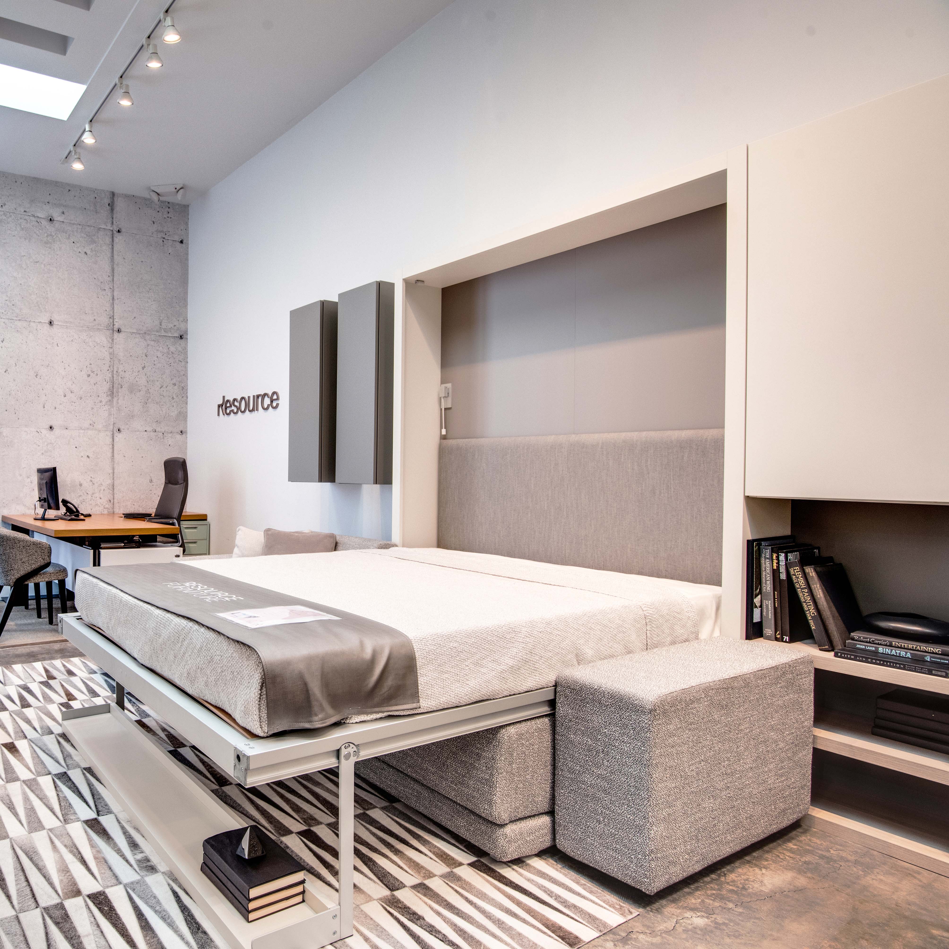 Oslo sectional Murphy bed in open queen-size position with integrated sofa in Resource Furniture’s Los Angeles showroom.