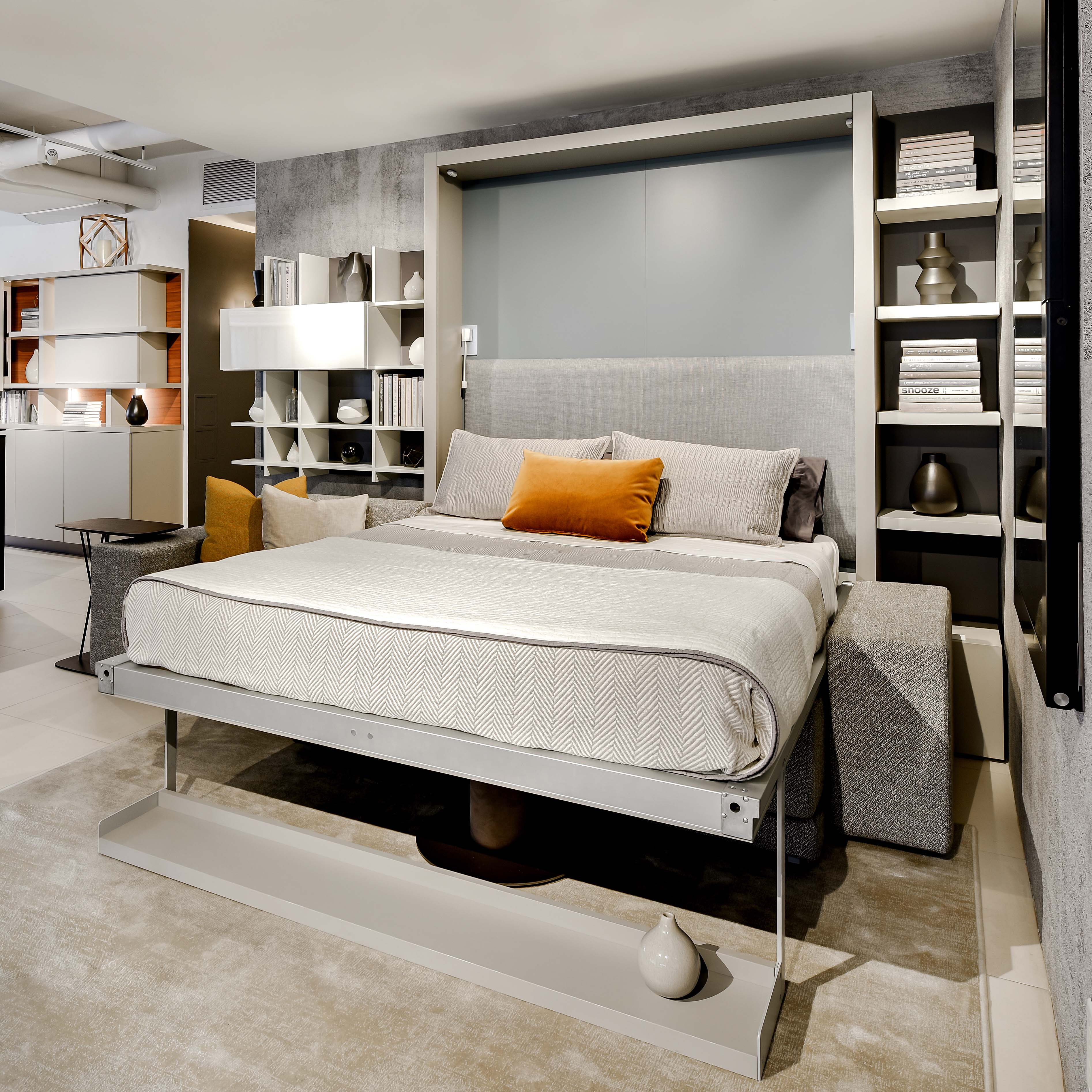Oslo Sectional Queen Wall Bed shown open, transforming from a sofa into a queen-sized Murphy bed for multifunctional, space saving furniture design